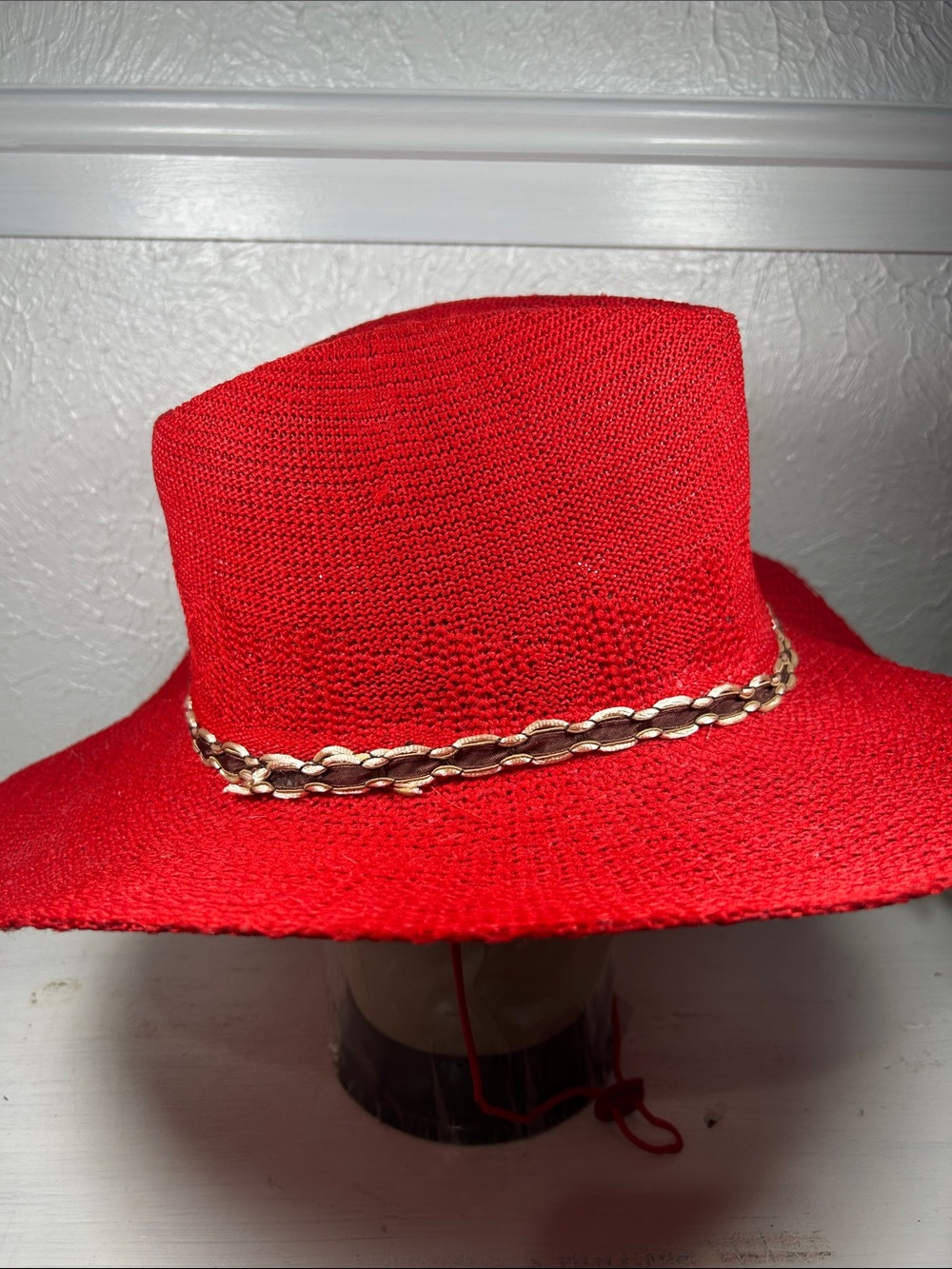 Red Woven Knit Cowboy Hat with Gold Ribbon Accent Chin Strap Summer Western Hat - Picture 3 of 11
